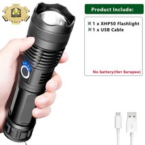 손전등 후레쉬 작업등 써치 랜턴 xhp50 줌 강한 빛 충전식 led 토치 18650, xhp 50 배터리 없음