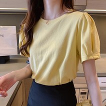 스타일아유 여성 어깨 퍼프 셔링 라운드 날개 큐브 티 봄 여름 시원한 티셔츠 AYG6TS0020