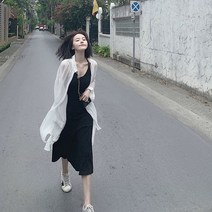하와이안 비치 베트남 커플비치웨어 30대여름 휴양지룩 빅사이즈여름 동남아 신혼여행 40대여름 휴양지 원피스, XL, 화이트 카디건+블랙 슬립
