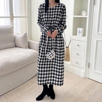 퍼니걸스 5850 루즈핏 라운드 체크 허리 밴딩 롱 원피스 여성의류