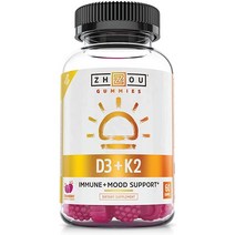 Zhou Vitamin K2 (MK7) with D3 Gummies Bone and Heart Health Formula Immune Support 60 Veggie Gummies