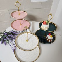 샤론 골드 도자기 2단 디저트접시 케이크 트레이 파티접시 홈카페 플레이트, 터키쉬블루, 1개