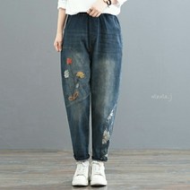 간절기 가을 꽃 자수 나염 스판 배기 여성 청바지 40 50대 엄마옷 마담