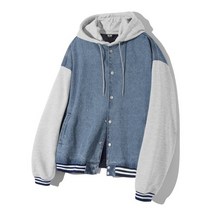 4월 19일 배송 TRILLION 트릴리온 스웨트 후드 믹스 데님 바시티 자켓 BLUE GRAY