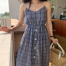 여름 뷔스티에 체크 롱원피스 뒷리본 바캉스룩 데이트룩 해변룩 데일리룩 나시원피스 2컬러