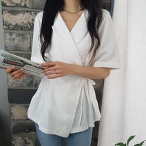 상상그이상 여성용 랩자켓 블라우스 슬림핏 테일러드 카라 브이넥 반팔 자켓겸용 핀턱 A라인 스트랩 사이즈조절 오피스룩 여성스러운 데이트룩