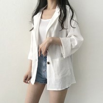 리리의감각 여성 7부소매 카라넥 무지 캐주얼 린넨 테일러드 여름 하프 자켓