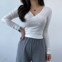 VANANA2 국내제작 랩디자인 브이넥 슬림핏 크롭 긴팔 티셔츠 2color