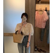 ariya 아일렛 블라우스 살구 V넥 레이스 반팔 블라우스