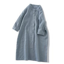 이끼당 스탠드 업카라 슬리브 린넨 롱셔츠