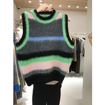 여성 니트조끼 크롭 베스트 루즈핏 여름용 가을용 오버핏 가을 대조 색상 넥 스트라이프 니트 조끼 민소매 스웨터 조끼 탑 레트로 풀 스웨터