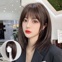 하이유니 인모 스트레이트 펌 단발 헤어 단발 통가발 가발 + 거치대 세트, 다크브라운, 35cm