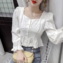 에블 대박걸 우아한 스퀘어넥 퍼프 숄더 셔링 소매 허리 잘록 여자 블라우스 2color S-XL