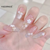 일본 네일 스티커 긴 뾰족한 머리 손톱 흰 꽃 인쇄 아트 완료 조각 24pcs 접착제 최고의 선물 Ty