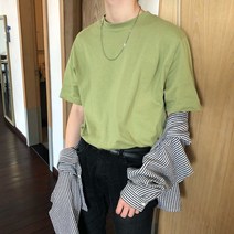 남자 솔리드 반팔티 연두색 오렌지색 반소매 티셔츠
