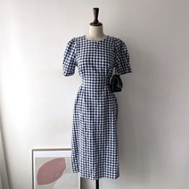 여름 A라인 허리 끈 고방 체크 반팔 롱 원피스 3컬러