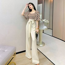 투피스정장 와이드 팬츠 체크 고급 기질 사각넥 패션 점프슈트