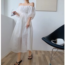선기초센삼 스윗한 기품 일자 어깨 퍼프 소매 여성 드레스 LAP원피스 하객원피스 롱원피스 린넨