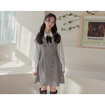 [리리앤코] 로쟈니 브로치 체크 배색 원피스