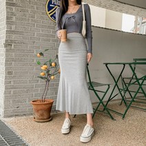 여자 일상 코디룩 트레이닝 스판 머메이드 롱스커트