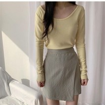 셀러허브(잡화) 여자 뒤판 끈 깊은 U넥 슬림핏 무지 티셔츠
