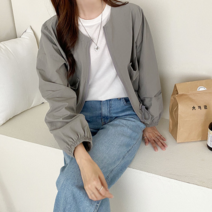 여자 노카라 집업 허리 셔링 점퍼