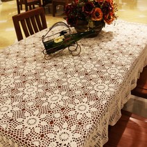손뜨개 꽃 면레이스 테이블보, 130x190CM, 흰색