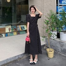 땡땡이 도트 무늬 원피스 도트롱원피스 여성 레트로 퍼프소매 폴카 롱 슬리밍 배 모양 오버핏 통통한 신선한 여름, 2 Size XL (recommended 70.00kg, 블랙