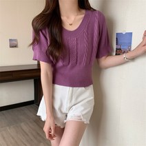 U넥 기질 슬림 숏 솔리드 니트 반팔 티셔츠 상의