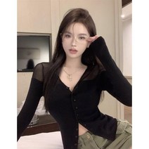 여성 딱붙는 니트 가디건 v넥 선크림 스 소매 탑 긴팔
