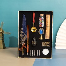 깃털 만년필 선물 세트 캘리그라피 골동품 딥 펜 잉크 왁스 씰링 스탬프 키트 글자 작가 필기 인감, [15] Dnavy blue