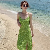 ZZJJC 비치 스커트 그린 트임 스커트 나시 롱 스커트 플라워 원피스 여