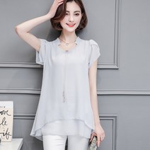 HQINT 목걸이 장식 쉬폰블라우스 여성블라우스 반팔블라우스
