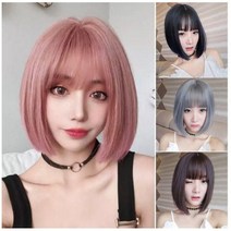 보브컷 단발 가발 단발머리 앞머리 풀뱅 똑단발 커트 옆머리 앞머리 통가발 언발 백금발, 블랙
