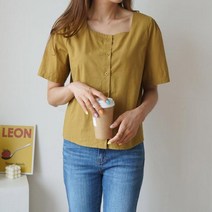 마롱패션 반팔 스퀘어 스퀘어넥 버튼 블라우스