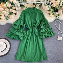 프릴원피스디자인 디자인감각 보이핏 볼륨 레이어드 페플럼 벌룬소매 와이드 루즈핏 미드 롱셔츠드레스 가을옷 2197611526
