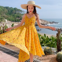 편한 롱 원피스 발목 슈퍼 페어리 슬림 옐로우 멜빵 드레스 보라카이 해변 휴가 비치 스커트에 스커트