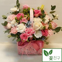 꽃친구 핑크 분홍 장미 생화 꽃바구니 꽃배달 케이크배달 당일배송가능, 소녀감성, 케이크3(33.000원)