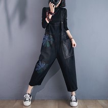 멜빵청바지 가을옷 단아한 클래식 플라워 프린팅 패치워크 빅포켓 하이웨이스트 날씬해 보이는 9부 배기 팬츠 2847603416