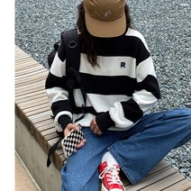 일본 게으른 스트라이프 스웨터 여성 봄과 가을 풀오버 스웨터 느슨한 라운드 넥 탑