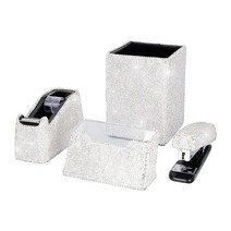 Bling Crystal 럭셔리 핸드메이드 다이아몬드 연필 펜 냄비 홀더 및 스테이플러 카드 데스크탑 테이프 디스펜서 사무실 문구 키트 패션 소녀 여성용 (핑크 라운드), B2-combination-square