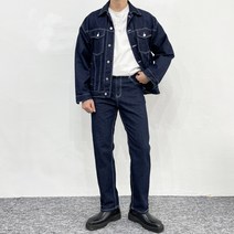 파블럼 스티치 진청 오버핏 데님 자켓 남자 청청 코디