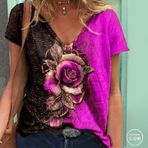 도오빠 여성 반팔 티셔츠 브이넥 루즈핏 빅사이즈 중년 데일리복 펄 장미 일상복 캐주얼 여자티셔츠