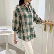 봄 여름 40대 미시 엄마옷 카키 레드 체크 오버핏 루즈핏 7부 린넨 마 빅사이즈 남방 셔츠