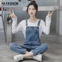 멜빵 청바지 하이 여성 데님 턱받이 바지 길이 인 점프 슈트