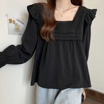 [랜덤플레이] 스퀘어넥 어깨 소매 프릴 우아 양면 블라우스