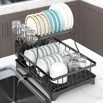 SAIVEINA 대용량 주방 접시 그릇 관리 자유롭게 회전 배수 2단 접이식 식기건조대 수저통 컵 걸이 포함, 블랙
