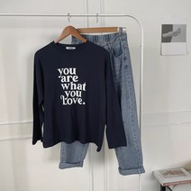 [비비애르] 왓츄 나염 라운드 긴팔 코튼 티셔츠 레터링 심플 무지 기본티 데일리코디