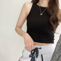 [찰랑~ 크롭!] 홀리 슬림핏 골지 크롭 홀터넥 나시 슬리브리스