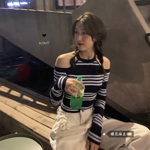 오프숄더니트 Sakura Madou 컷 남녀 TEE ~ 환절기 BI 순수하고 욕망의 스트라이프 홀터넥 끈이 롱팔 스웨터를 구입합니다 연말룩